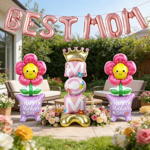 11Pcs Happy Mother's Day Balloons Set, 16Inch and 60Inch BEST MOM Large Standing Flower Foil Balloons for Mothers Day Cele...