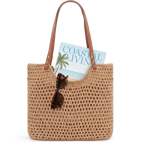 Crochet Beach Bags for Women, Reinforced Strap Woven Tote Bag with Zipper, Lined Boho Summer Vacation Travel Purse