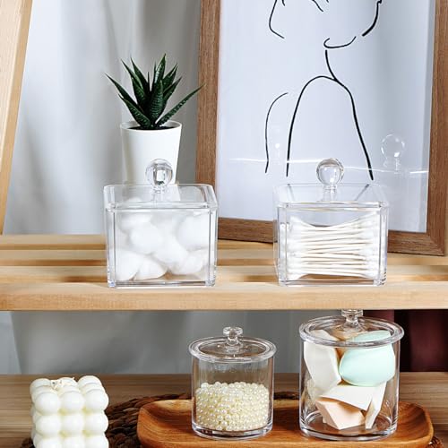 SheeChung 2-Pack Modern Square Acrylic Qtip Holder - Clear Apothecary Jars with Lids - Bathroom Vanity Storage Canister - ...