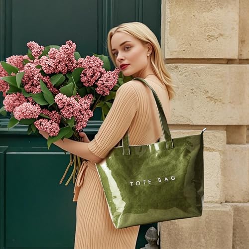 KALIDI PVC Zipper Tote Bag, Jelly Kraft Paper Beach Bag Large Hobo Carry All Travel Shopping Handbag Plastic Shoulder Bag