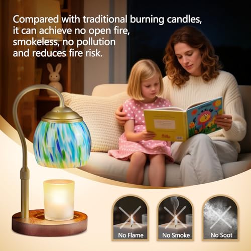 Blue Opal art glass Candle Warmer Lamp with Wood Base - Height Adjustable, 2/4/8H Timer, 4-Level Dimmer - Includes 2 GU10 ...