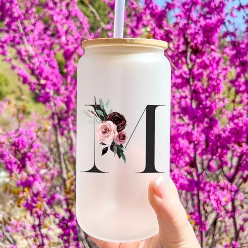 Birthday Gifts for Women, Personalized Customized Cute Glass Cups with Lids and Straws, Initial Drinking Iced Coffee Cup, ...