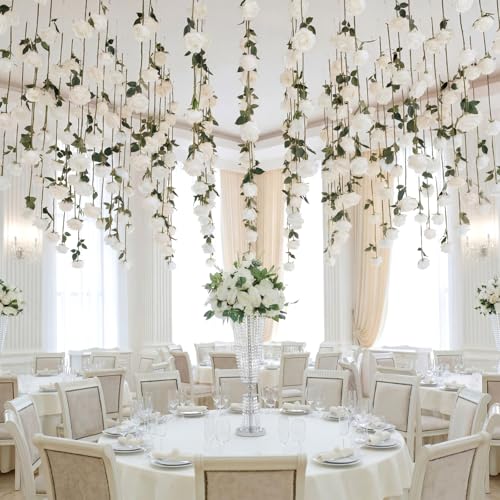 Lyrow 60 Pack Artificial Flower Hanging Flowers Ornament Floating Garland Ceiling Rose Strings for Wedding Anniversary Eng...