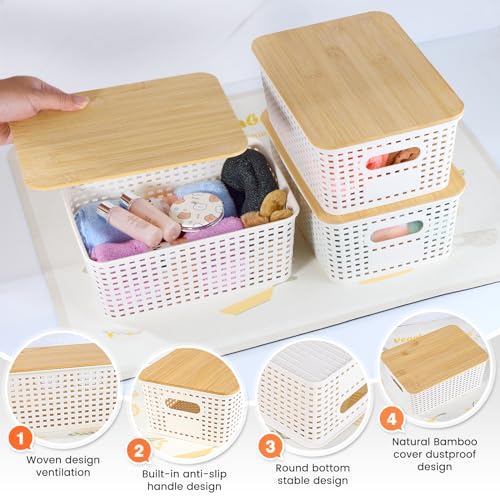 Ohmlove Plastic Storage Baskets With Bamboo Lid - Plastic Storage Containers Stackable Storage bins: Storage Baskets for O...