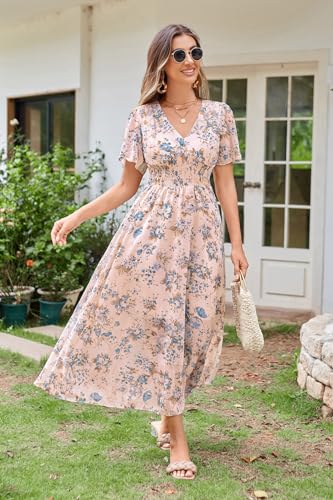 Women's Floral Maxi Dress Flowy V Neck Empire Waist Summer Wedding Guest Party Casual Chiffon Dress