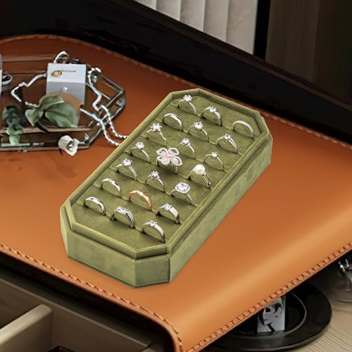 COWFEX Velvet Ring Organizer Display Tray Jewelry Box Earring Holder Case for Wedding Birthday Christmas Day (Olive Green)