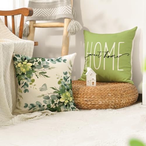 AVOIN Colorlife Home Sweet Home Eucalyptus Leaves Green Throw Pillow Covers, 18x18 Inch Spring Summer Seasonal Decorations...