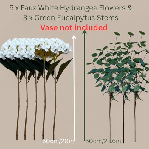 Real Touch White Faux Hydrangea And Eucalyptus Arrangement, Faux Floral Arrangements, Hyper Realistic Artificial Flowers, ...