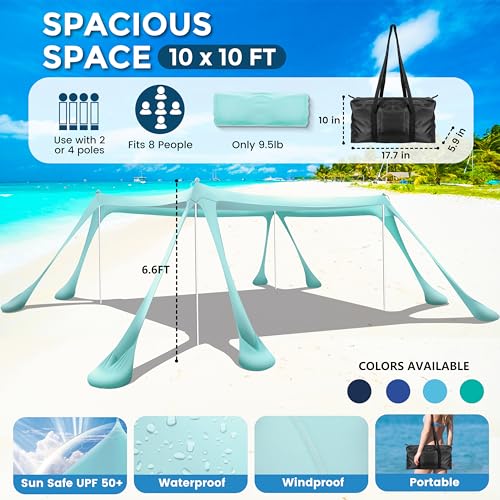 VIONMI Beach Canopy Beach Tent Pop Up Shade 10x10ft Sun Shelter UPF50+ with 8 Sandbags-2 Sand Shovel-4 Aluminum Poles-Grou...