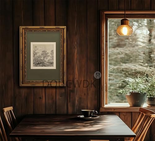 Vintage Gold Framed Wall Art Tree Forest Landscape Painting Canvas Prints Green Gray Tree Natural Sketch Picture Rustic Fa...