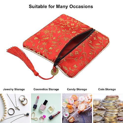 PINOWU 8pcs Silk Brocade Jewelry Bags with Zipper (11.5x11.5cm), Jewellery Silk Purse Pouch Gift Bags for Women Coins Trav...