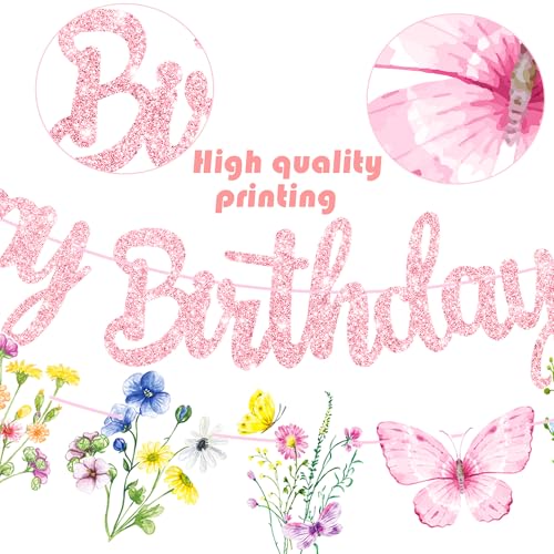 Wildflowers Happy Birthday Banners 3Pcs Pink Butterfly Theme Party Decorations for Women Girl Spring Birthday Baby Shower ...