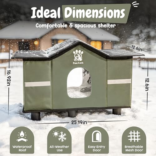 PAWAWH Insulated Heated Outdoor Cat House with Self Warming & Self Cooling Mat – Waterproof Stray & Feral Shelter with Bre...