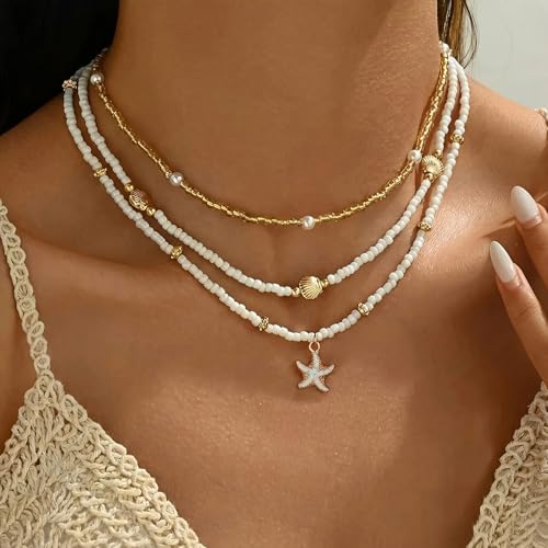Shell Starfish Necklace for Women, 14k Gold Plated Boho Layered Beaded Charm Pendant Necklace, Dainty Adjustable Pearl Con...
