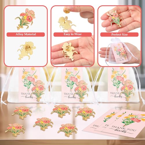 Remuuly 25 Sets Thank You Gift for Women Pink Flower Brooch Pins Bulk with Card Bags Appreciation Gift for Coworker Teache...