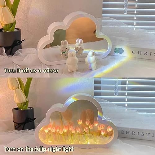 Yckeogln DIY Cloud Tulip Mirror Night Light, Simulation Flower Bedroom Cloud Tulip Table Lamp, Creative Home Decoration, R...