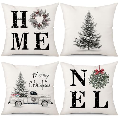 Coeufuedy Christmas Pillow Covers - 18x18 Inch Set of 4 Home Noel Truck Tree Holiday Cushion Covers Farmhouse Christmas De...