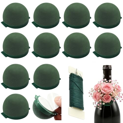 12 Pack Floral Foam Round, Green Mini Flower Holder Supplies Florist Form Blocks for Wine Bottle Decor, Wedding Birthday C...