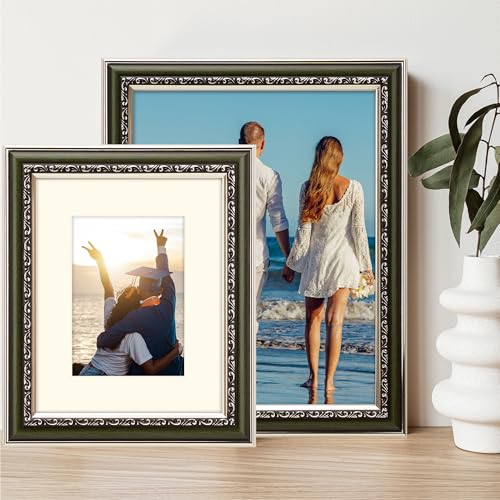 WYNCO 11x14 in Distressed Green and Silver Curved Scrollwork Motif Embossed Ornate Classic Picture Frame, Matted for 8x10 ...