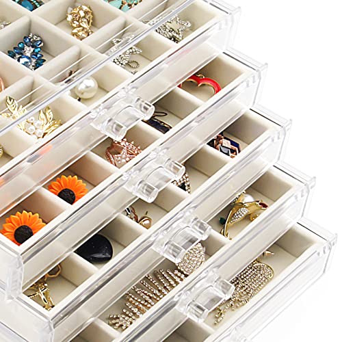 Watpot Acrylic Jewelry Box with 5 Drawers, Clear Earring Storage Organizer Display Case for Women Girls, Beige