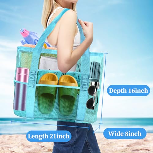 Yunaeduo Large Mesh Beach Bag - Lightweight & Foldable Family Beach Bag with 9 Pockets for Toys, Towels & Vacation Essentials