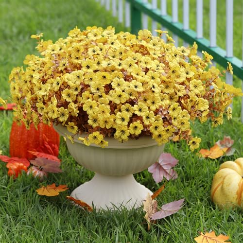 katflyee 12 Bundles Artificial Mums for Outdoors, Fall Fake Flowers Outside UV Resistant, Faux Fall Mums Flowers for Outdo...