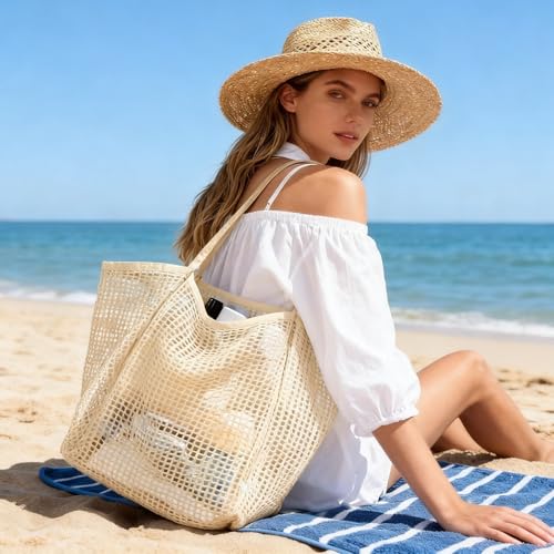 Zptjql Mesh Beach Bag, 23L Foldable Sandproof Lightweight Tote, Breathable Pool Bag with Wide Shoulder Straps, Zipper Pocket