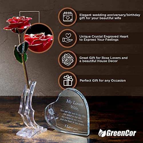 GreenCor Anniversary for Wife Engraved Wooden Gift Set 'To My Beautiful Wife' Includes Crystal Engraved Heart 24K Gold Dip...