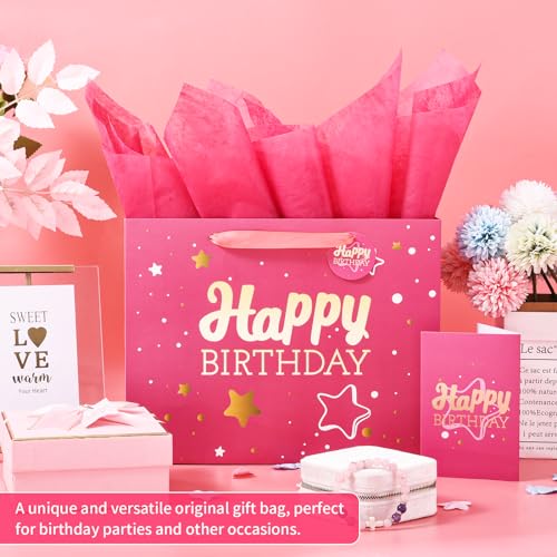Powbrace 13" Pink Happy Birthday Gift Bag with Tissue Paper and Greeting Card for Party,Happy Birthday Gift Bag for Men Wo...