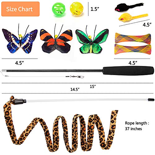 AWOOF Butterfly Cat Wand Cat Toys Set, Realistic Crinkle Catnip Butterflies Kitten Toys with Retractable Interactive Cat W...