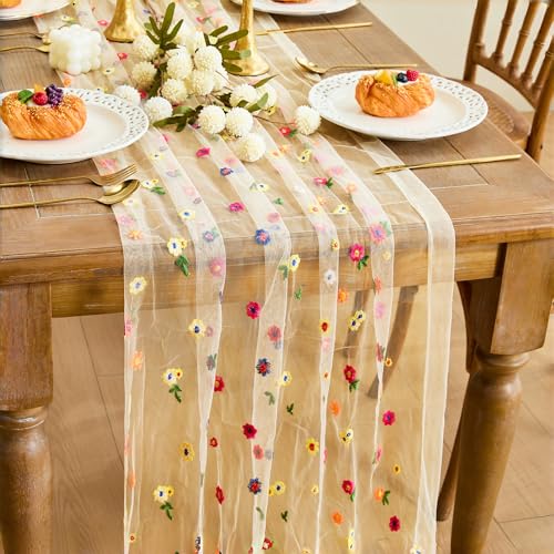 YATOJUZI Champagne Table Runner Embroidery Daisy Summer Floral Decorations Seasonal Tulle Dining Table Runners for Home Ki...