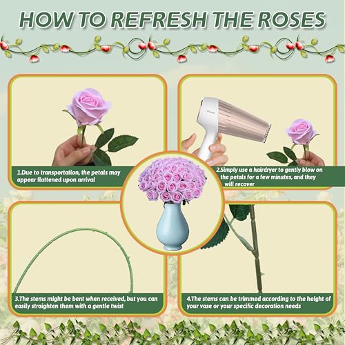 Jefuzh 50 PCS Fake Pink Roses, Artificial Flowers Bulk Realistic Silk Faux Rose with Stems for Wedding Decoration Bridal B...