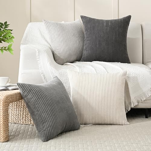 Volcanics Set of 4 Neutral Grey Corduroy Decorative Couch Throw Pillow Covers 18x18 Inch, Western Modern Farmhouse Striped...