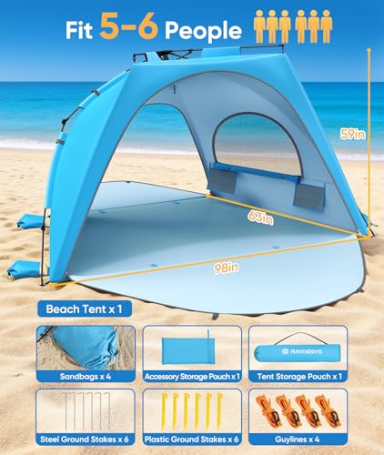 Raynesys Beach Tent Sun Shelter for 5-6 Person, Pop Up Beach Canopy, UPF 30+ UV Protection, Breathable Mesh Window, Portab...