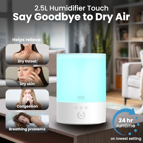 Everlasting Comfort 2.5L Top Fill Humidifier for Bedroom – Quiet, Easy to Fill & Clean, 24HR Runtime, Night Lights, Timer,...
