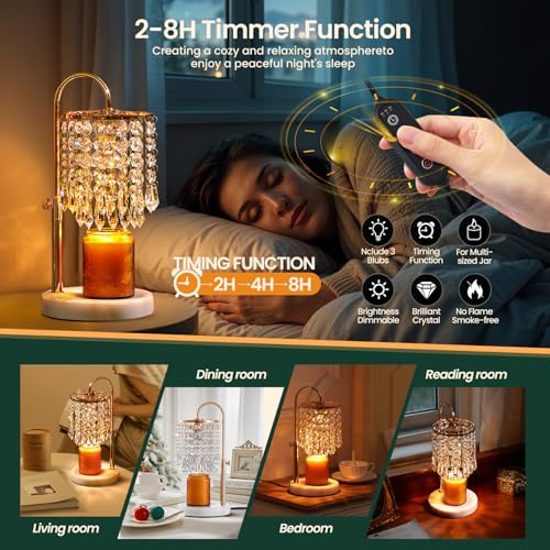 Candle Warmer Lamp with Timer Dimmer，2H/4H/8H Timer , Lamp Candle Warmer with Marble Base for Adjustable Height, Crystal W...