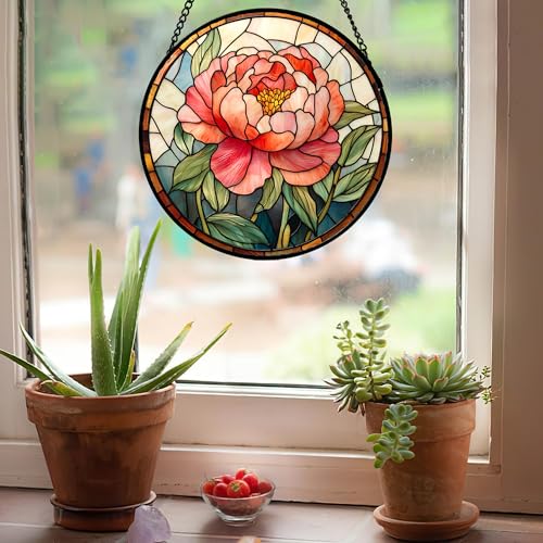 HWRHTR Stained Glass Window Hanging - Pink Peony Floral Suncatcher for Door Garden Yard Birth Flower Sun Catchers Decor Ch...