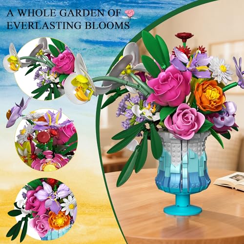 Mavo brix Flower Building Set with Vase, Artificial Botanical Flower Set for Adults Women, Home Décor Display, Romantic Gi...