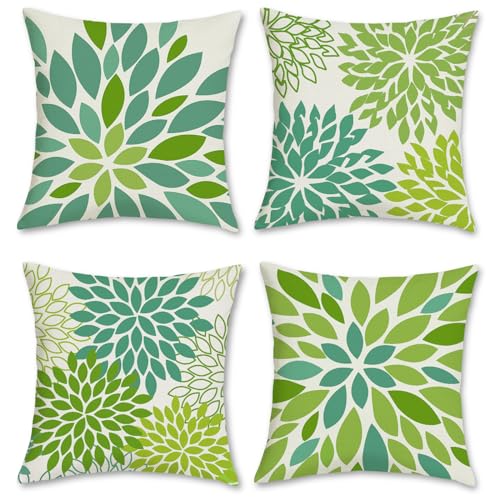 Bonhause Lime Green Pillow Covers 18 x 18 Inch Set of 4 Outdoor Geometric Dahlia Pinnata Floral Decorative Throw Pillow Ca...