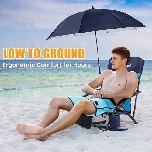 Lamberia Folding Beach Chair with Umbrella for Adults, Portable Low Beach Chairs with 300lbs Capacity, Lightweight Fodable...
