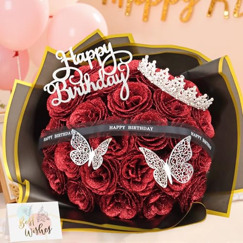 MEIVINES Glitter Roses Bouquet,Birthday Gifts for Women Mom,DIY Fake Flowers Bouquet with Birthday Stand-Up Signs,24 Red R...