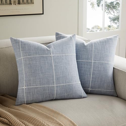 YZJZEDS 2 Packs Grid Embroidery Throw Pillow Covers, 22x22 Inch Blue, Farmhouse Linen Decorative Dusty Blue Cushion Covers...