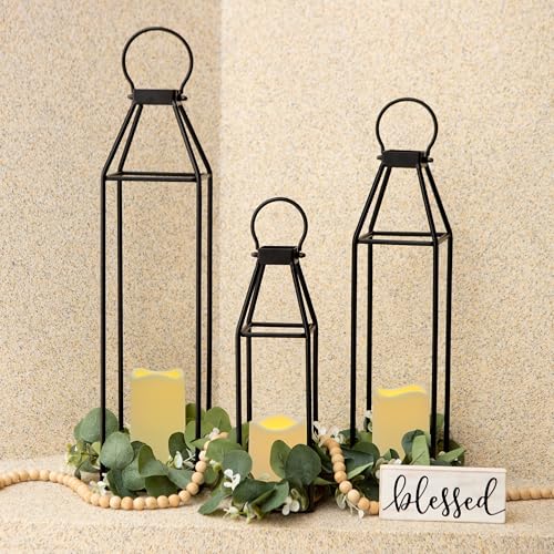 Perfnique Set of 3 Black Metal Lanterns w/ Waterproof Flickering Flameless Candle & Remote Timer, Modern Farmhouse Lantern...