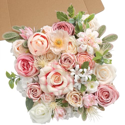 rongflower Pink Artificial Flowers Combo Set Fake Flower Leaf Box with Stemst for DIY Wedding Bridal Bouquet, Centerpiece...