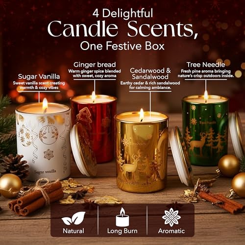 Majestic Zen Christmas Candles Gift Set for Home Decor - Scented Candles with Cedarwood, Sugar Vanilla & Tree Needle - Chr...