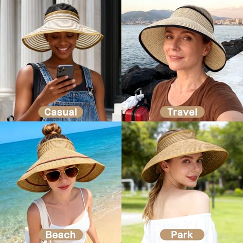 Sun Hats Visor for Women, UV UPF Straw Beach Hat Foldable Wide Brim Ponytail Summer Hats Packable Travel