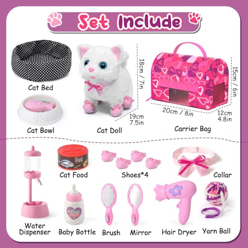 Golray Cat Toys for Kids Girls Gift, Electronic Interactive Plush Toy Cat Can Walk and Meow - 16 Pcs Carrier & Pet Groom F...