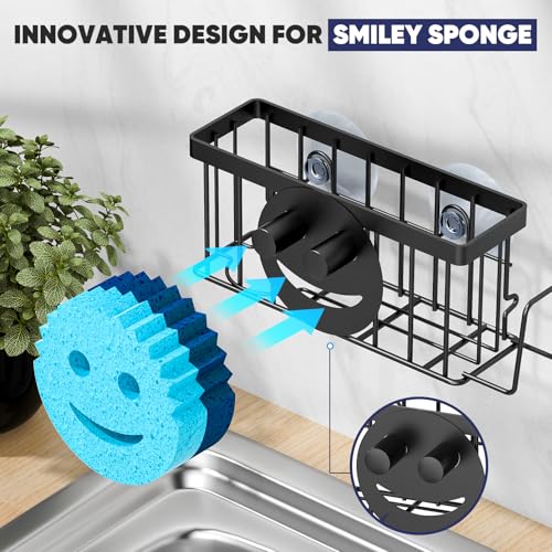 MURLONG Sponge Holder for Kitchen Sink,Sink Caddy Smiley Face,4-in-1 Sponge Holder with Suction Cups & 1 PCS Adhesive Stri...