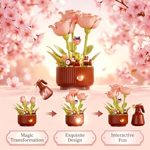 Magical Blooming Rose Building Set - Electric Flower Blocks with Opening Petals,with Interactive Sound & LED Lights,Romant...