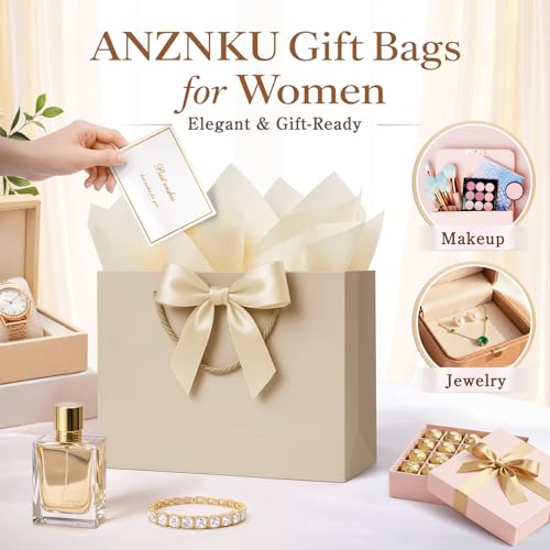 ANZNKU 2PCS Pink & Beige Gift Bags for Women, Medium Gift Bags with Handles 4 Tissue Paper 2 Ribbons 2 Cards for Her Weddi...